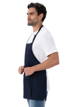 Navy three-pocket layout on Chef Works apron for pens, notepads, and tools
