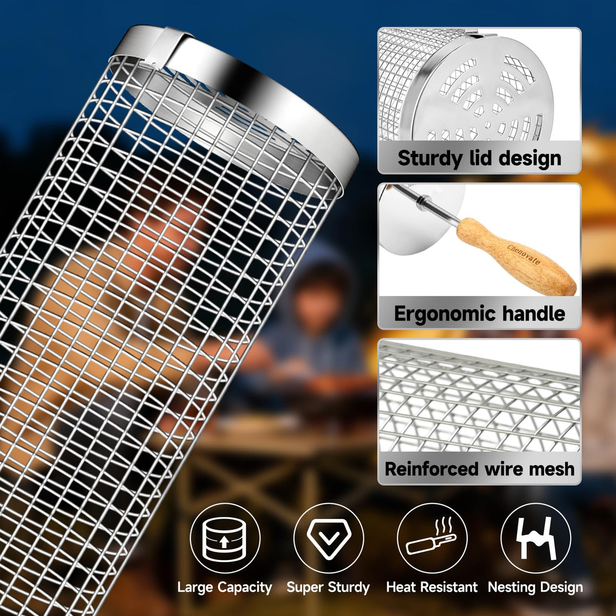 Chenovate rolling grill basket accommodates vegetables, meat, fish, and shrimp evenly.