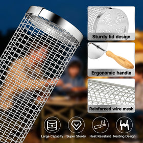 Chenovate rolling grill basket accommodates vegetables, meat, fish, and shrimp evenly.