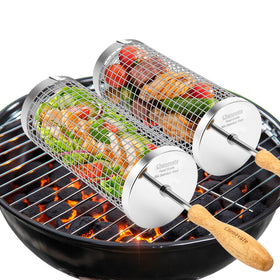 Chenovate rolling grill basket with wooden handle for easy 360-degree flipping.