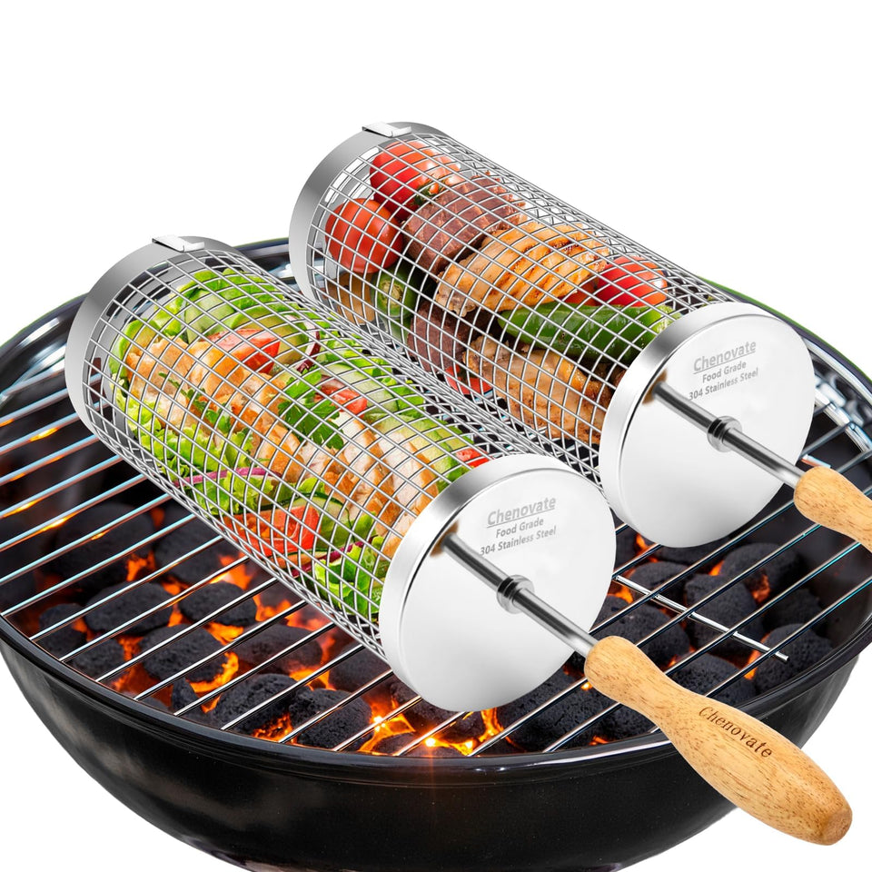 Chenovate rolling grill basket with wooden handle for easy 360-degree flipping.