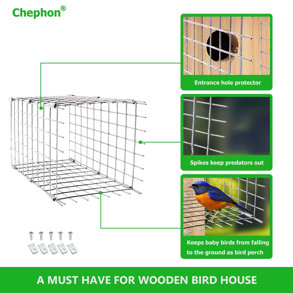 Chephon birdhouse entrance protector with easy installation instructions.