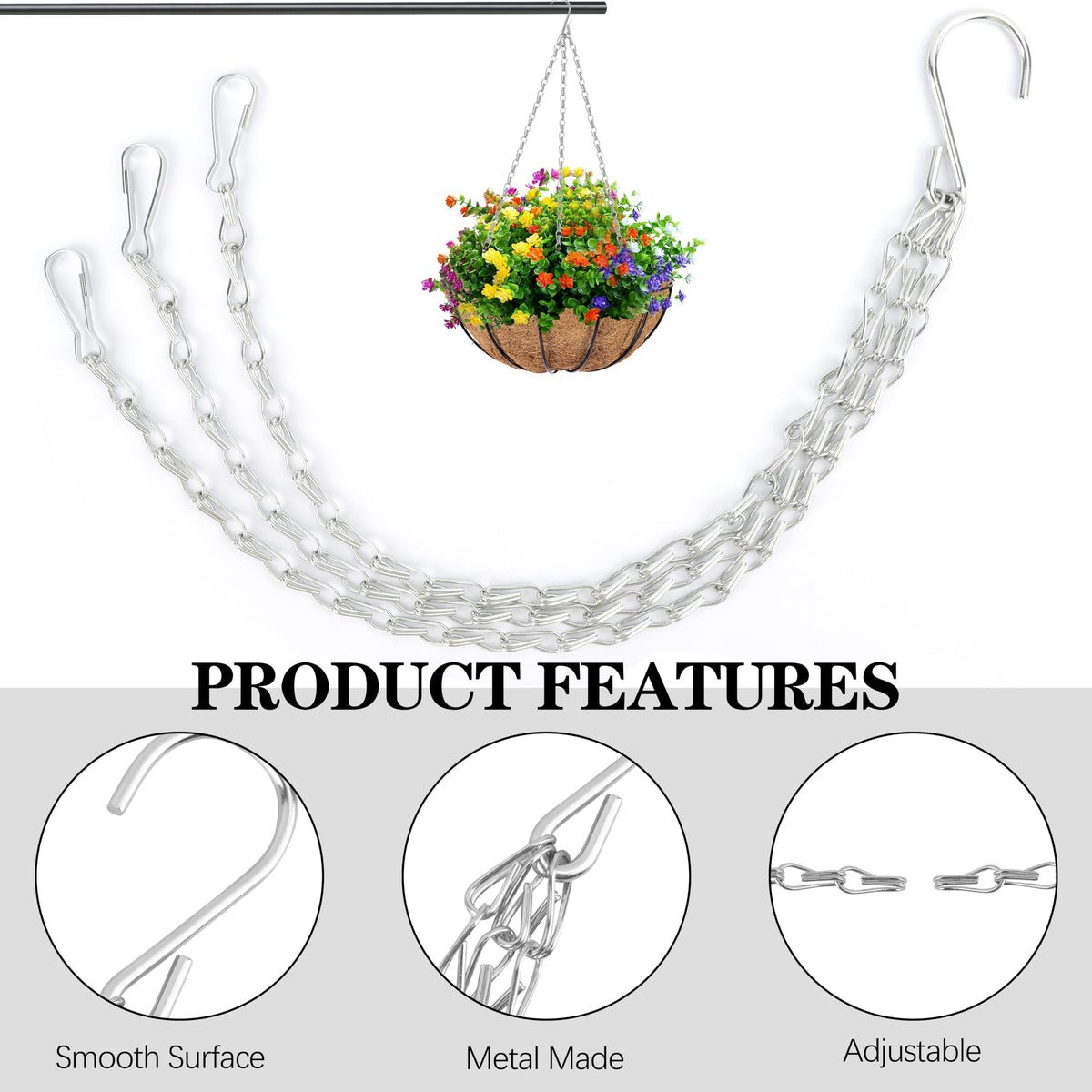 Chffcuh three-pack chain provides secure three-point support for baskets or feeders.