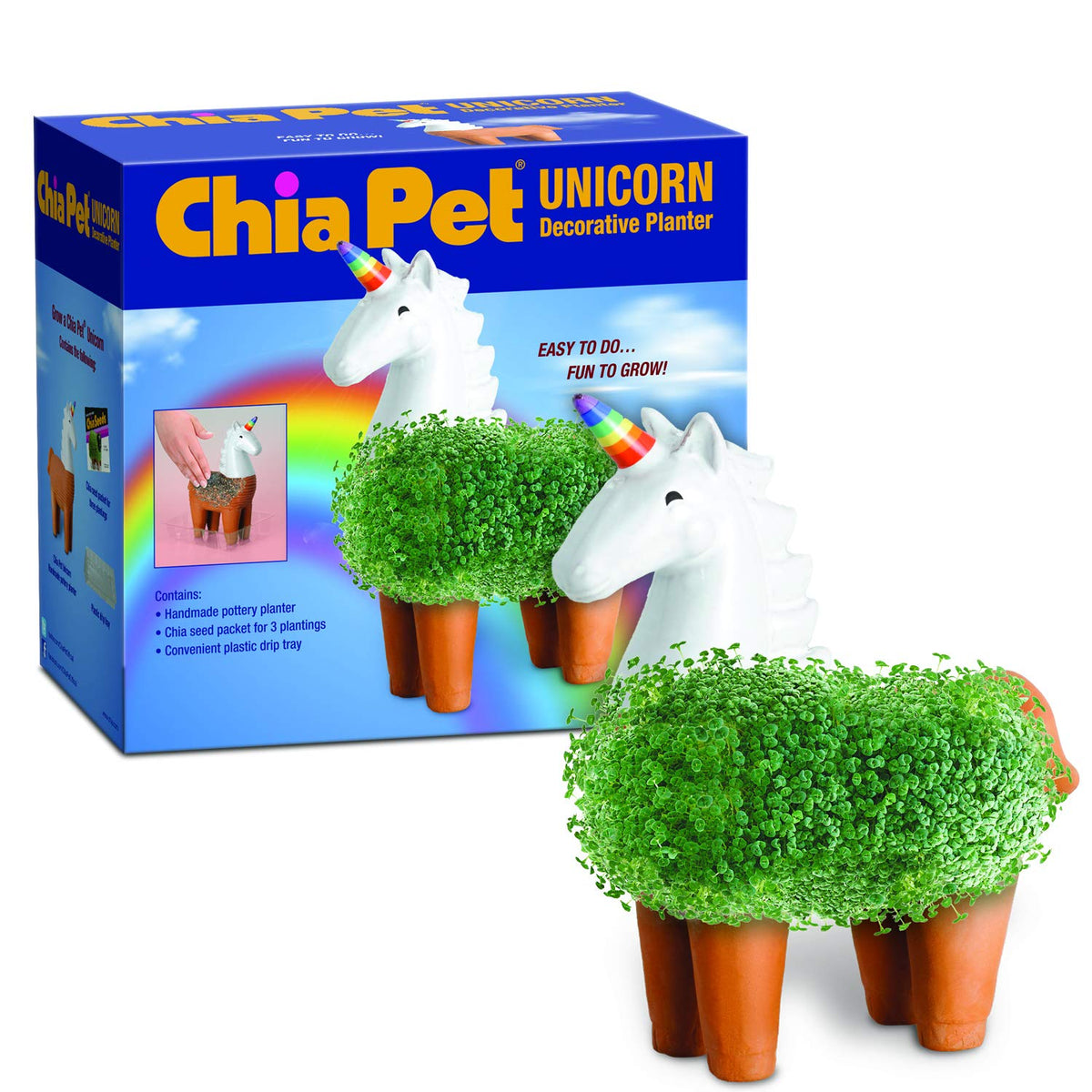 Chia Unicorn Chia Pet planter front view, decorative terracotta pot for home decor