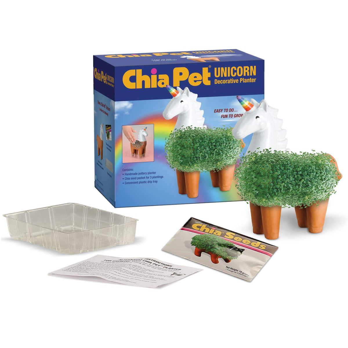 Chia Unicorn Chia Pet planter side view ready for seed sprouting and display