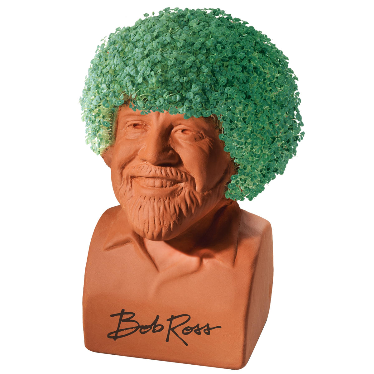 Bob Ross Chia Pet after 1–2 weeks growth with vibrant greenery.