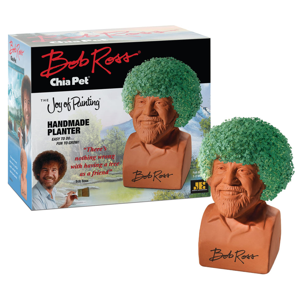 Chia Pet Bob Ross with seed pack ready to grow a lush green coat.