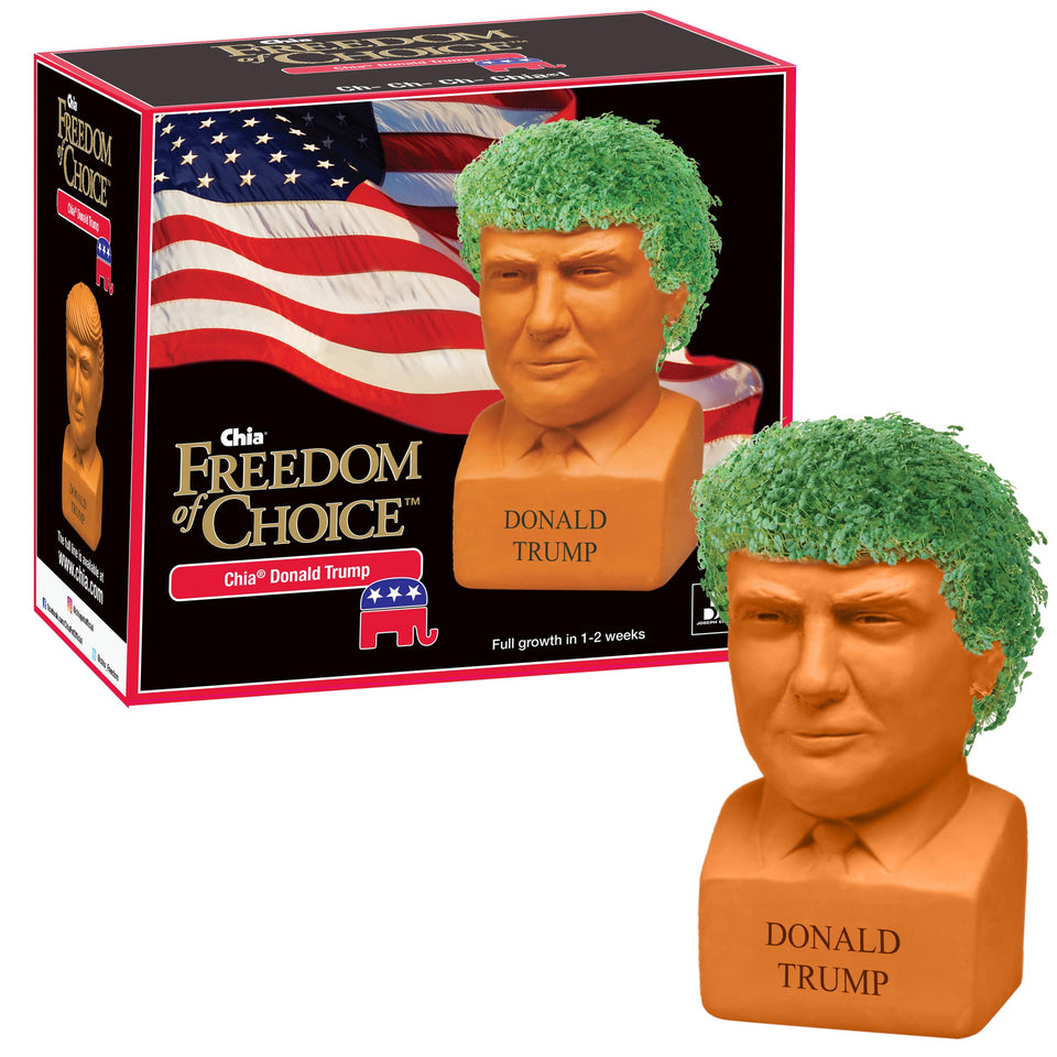 Chia Pet Donald Trump terracotta planter with lush greenery and easy setup
