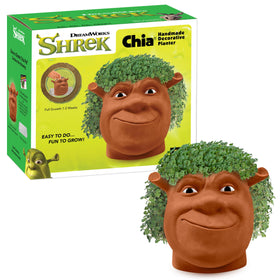 Chia Pet Shrek decorative planter with seed pack showing vibrant greenery.