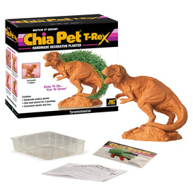 Chia Pet T-Rex shows a green growth coat after several days of care.