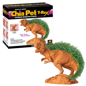 Chia Pet T-Rex planter with seed pack ready to sprout for desk decor.