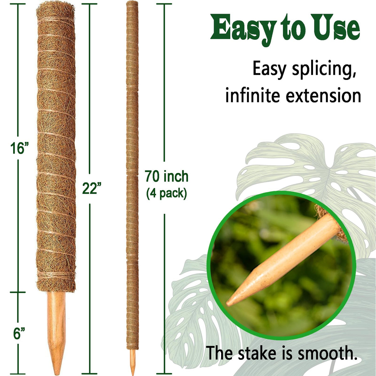 CHIAFFI expandable moss pole supports tall growth by stacking height as plants mature.
