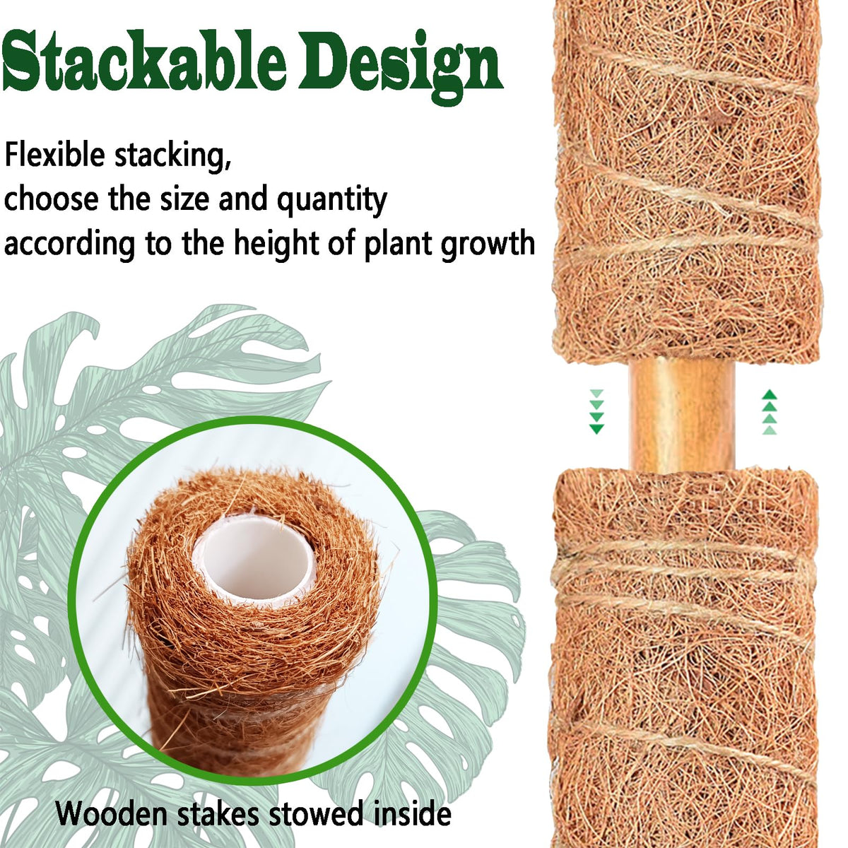 CHIAFFI moss pole includes jute rope to tie plants without damage.