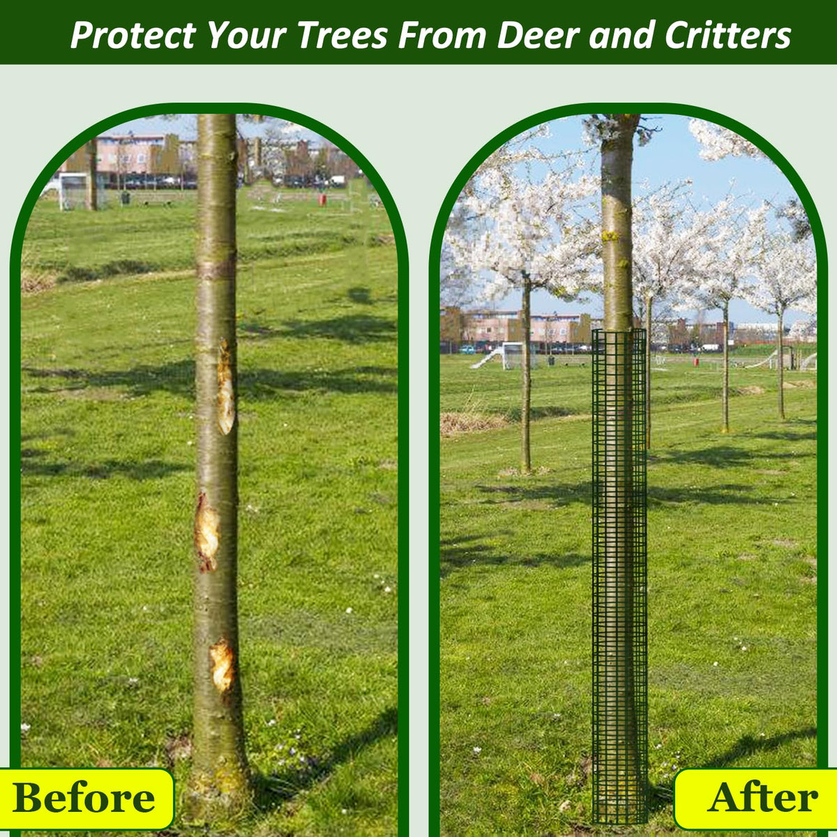 Chicarry expandable guards stack to fit larger trunks and taller trees.