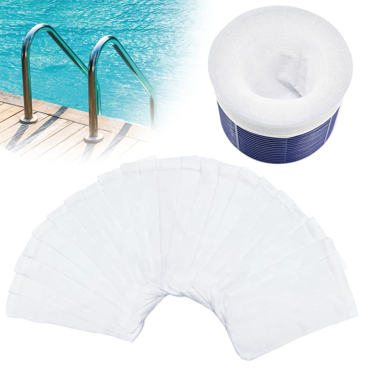Chicarry pool skimmer socks fit baskets from 2-3/4 to 8-1/4 inches, protecting filters.