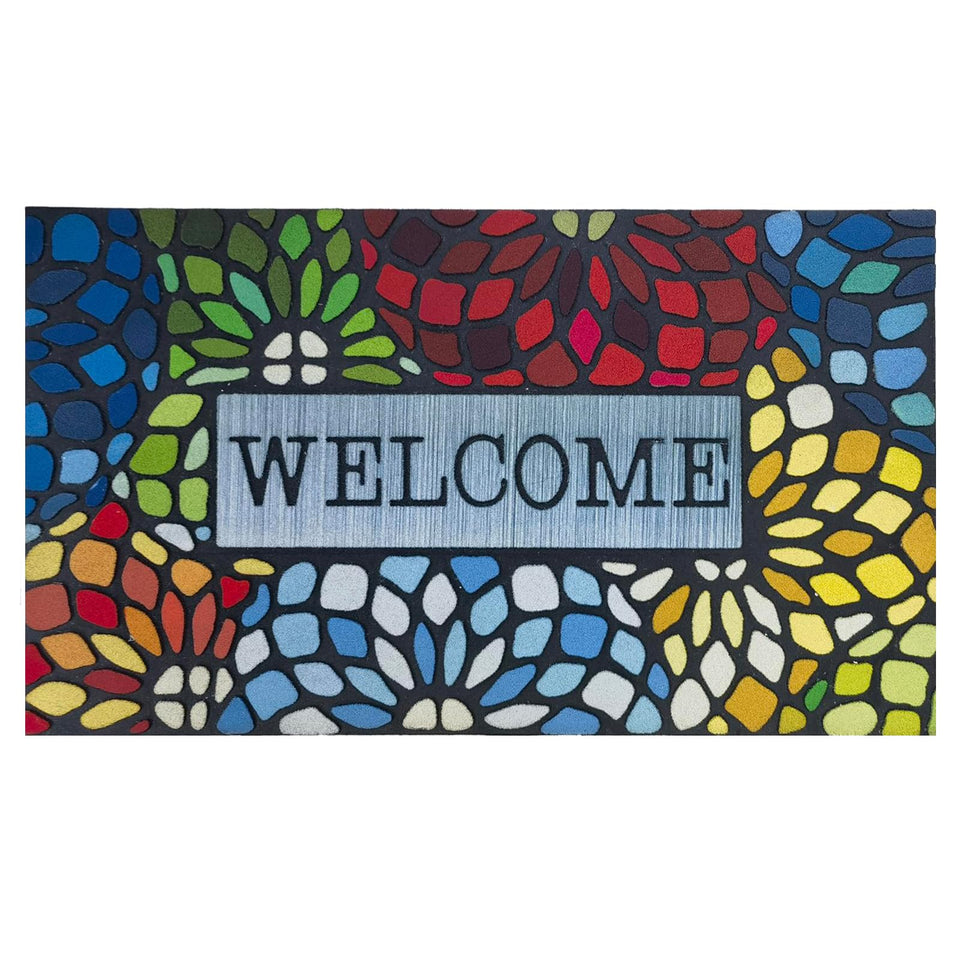 CHICHIC Colorful Welcome Mat at front door with vibrant pattern and dirt-trapping grooves.