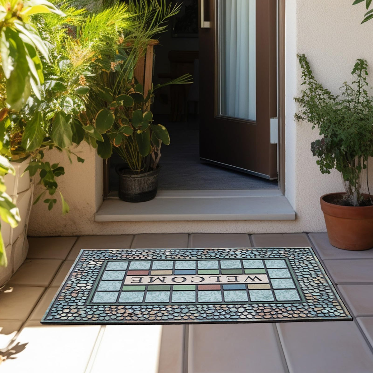 CHICHIC heavy-duty front-door mat outdoor keeps dirt outside and welcomes guests.