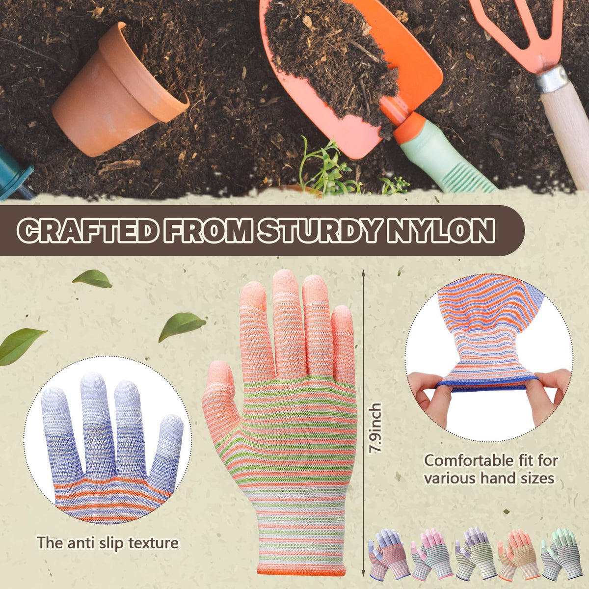 Chicingyou nylon-latex gloves with seamless knit and latex fingertips provide dexterity.