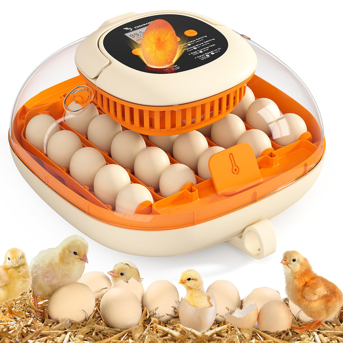 Chickcozy 25-egg incubator front view for easy setup and monitoring.