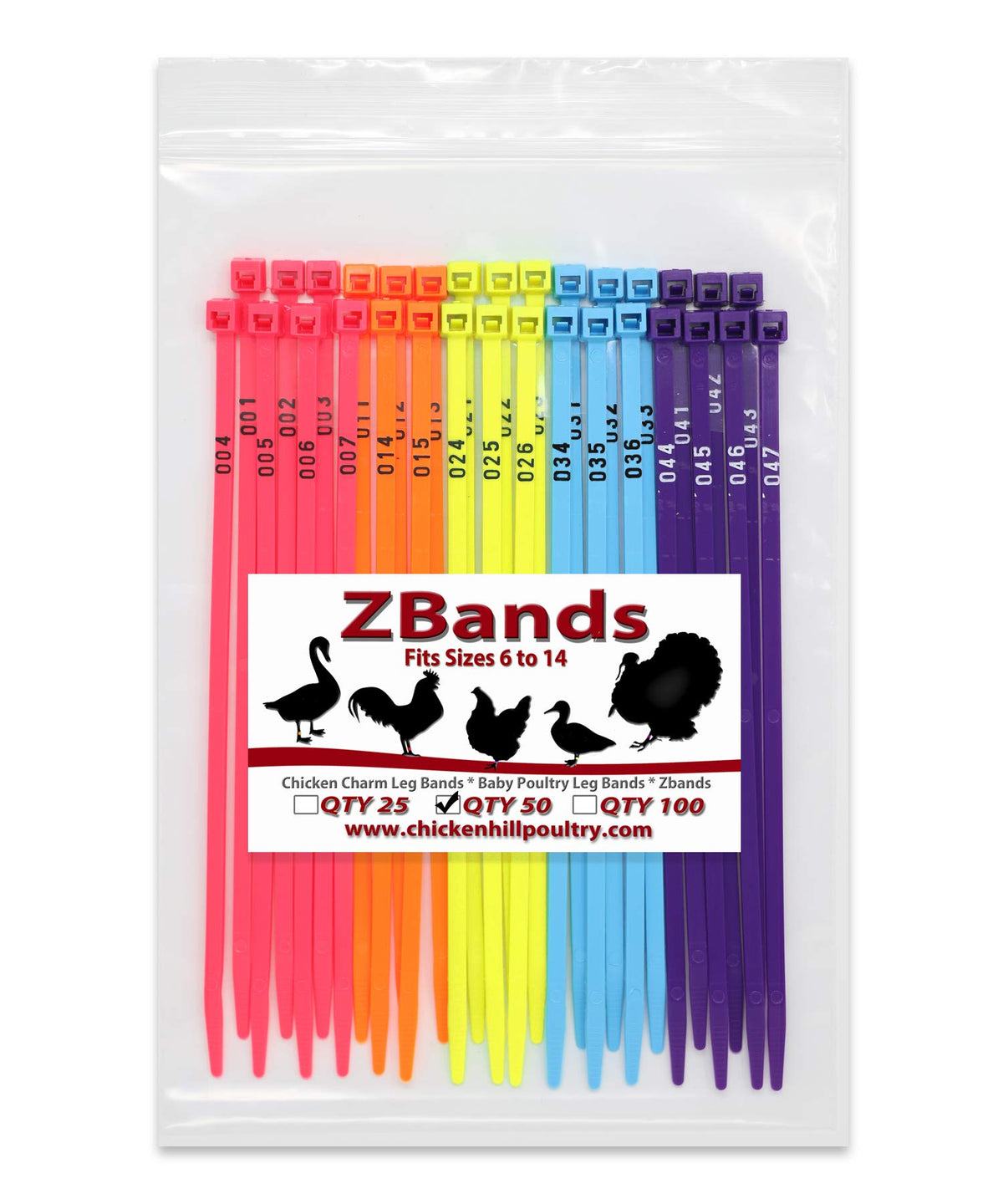 Chicken Hill ZBand leg bands in one-size fit for all flock sizes.