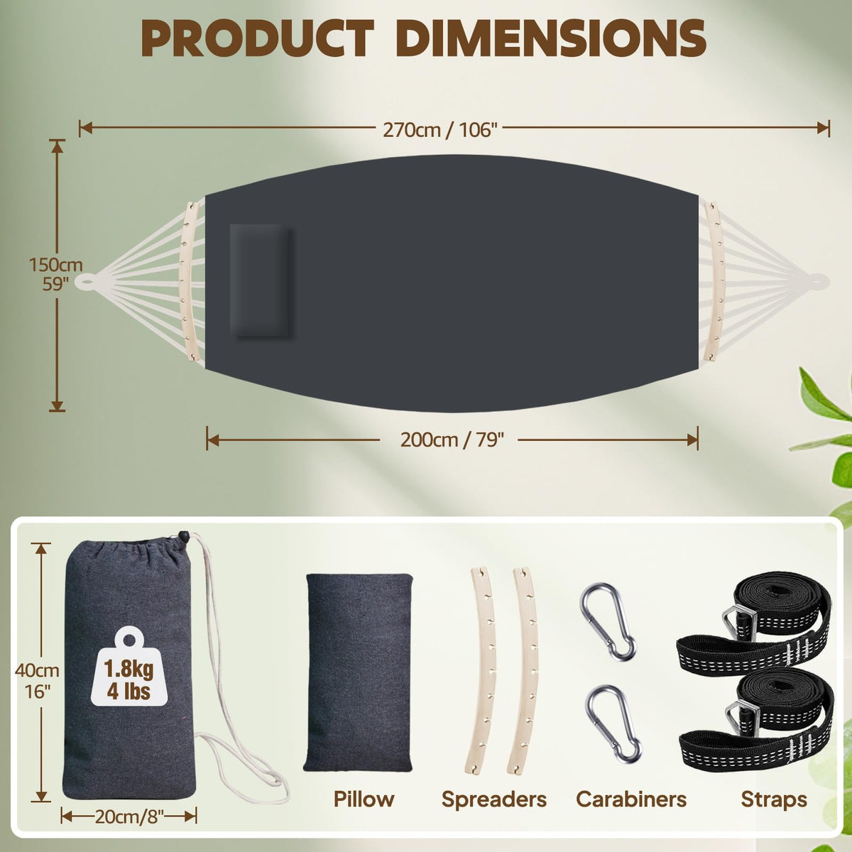 Two adjustable suspension straps and carabiners enable secure, simple setup