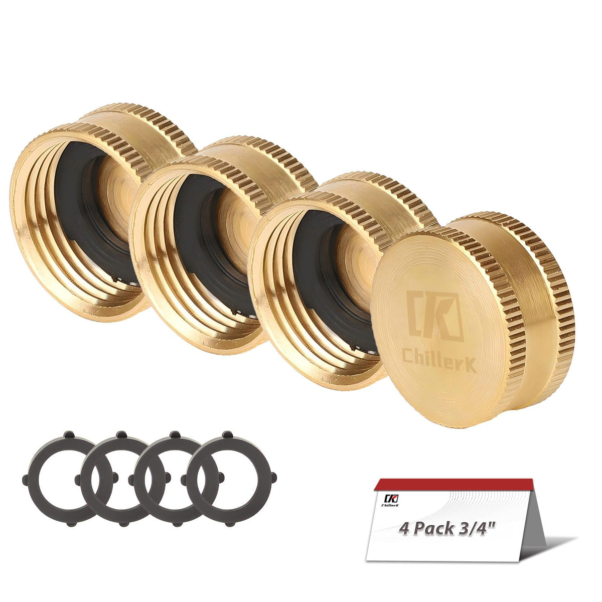 Chillerk brass hose end cap 4-pack with washers showing durable seal.