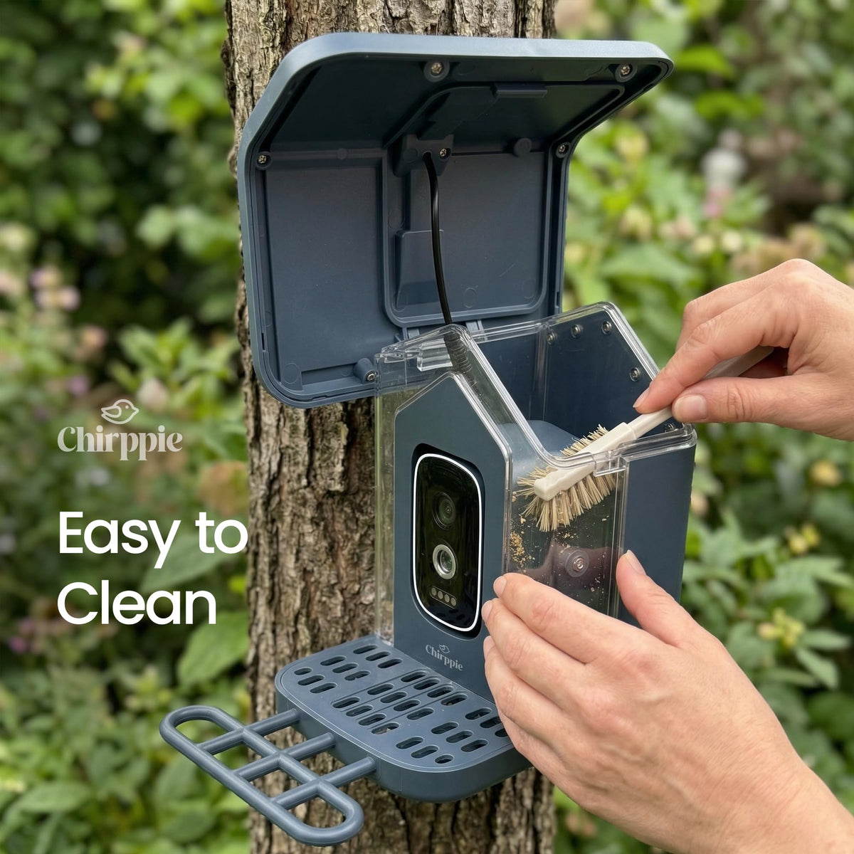 Chirppie sleek outdoor birdhouse design blends with your garden.