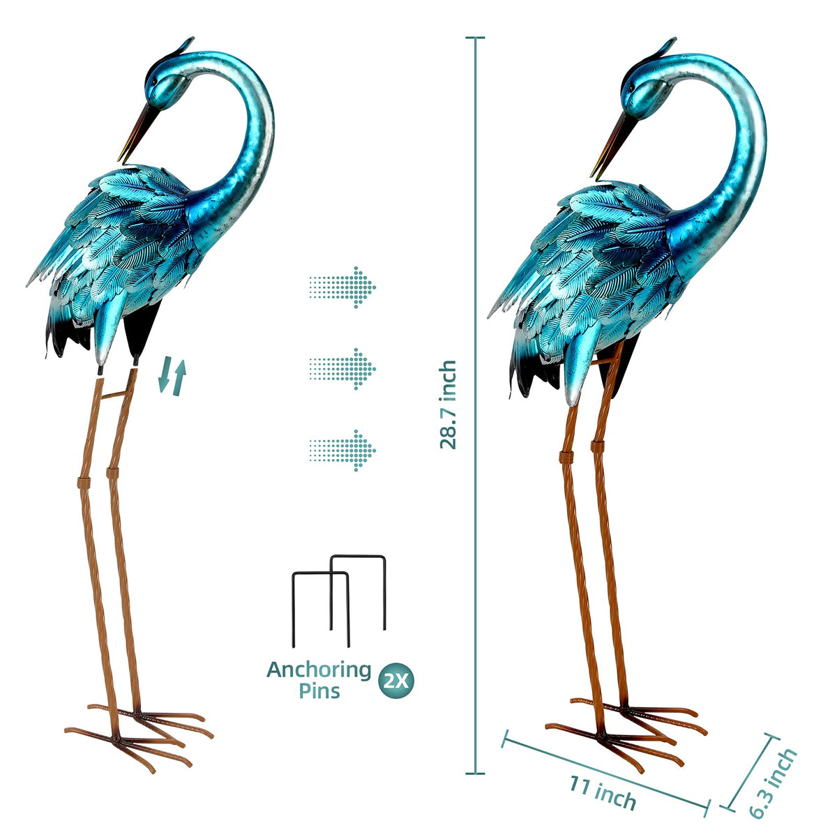 Chisheen blue heron outdoor sculpture enhances weather-ready spaces.