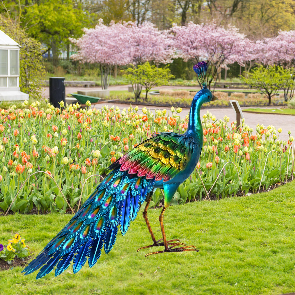 Chisheen colorful metal peacock garden ornament adds lively color.