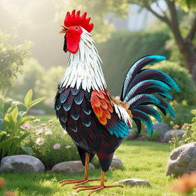 chisheen colorful metal rooster sculpture brightens garden spaces.