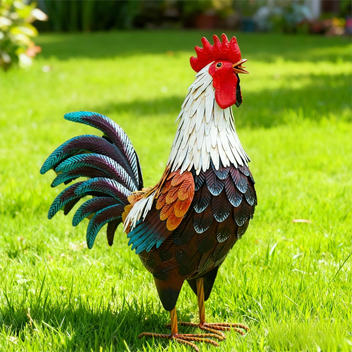 chisheen handcrafted rooster garden art showcases detailed hand-painting.