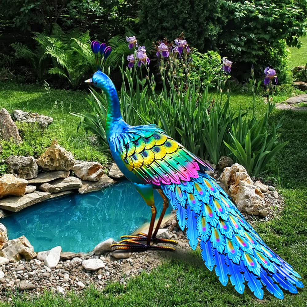 Chisheen metal peacock statue enhances outdoor decor with vibrant shine.