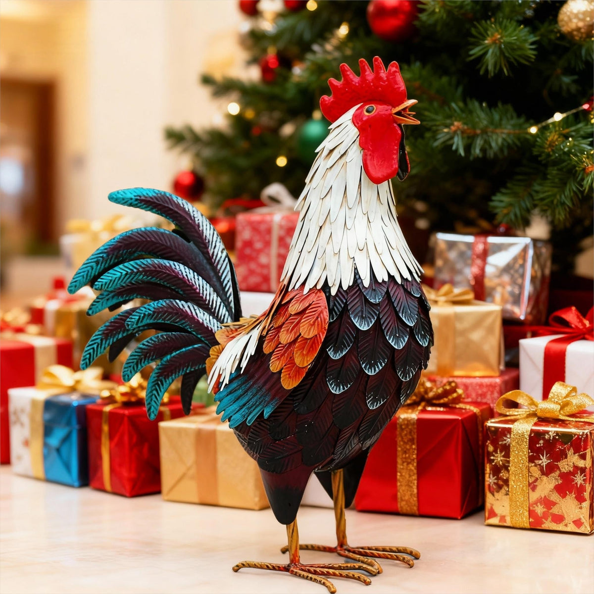 chisheen weatherproof rooster statue withstands outdoor conditions.