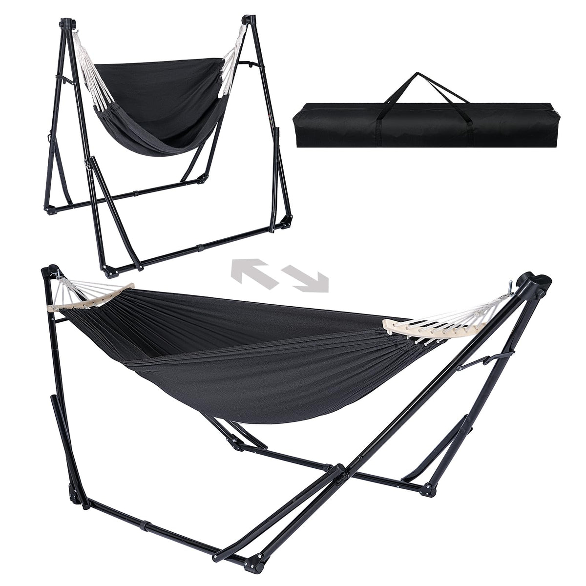 Chloraeon hammock stand in durable steel for outdoor use.