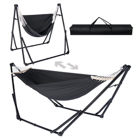 Chloraeon hammock stand in durable steel for outdoor use.