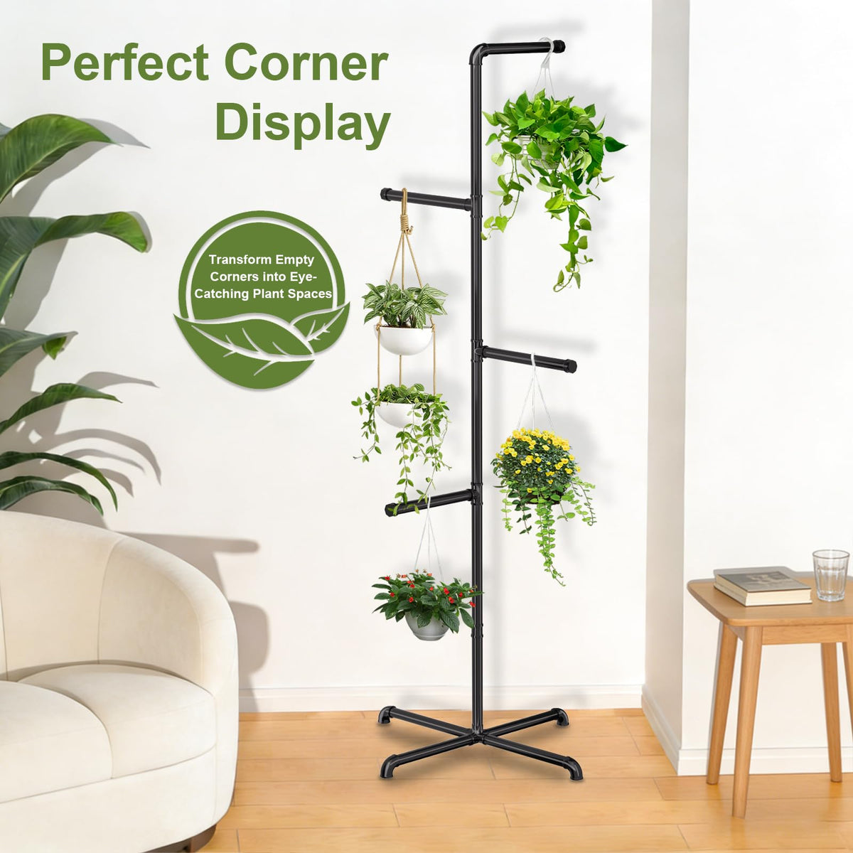 Chloraeon tall plant stand enhances indoor corners with greenery.