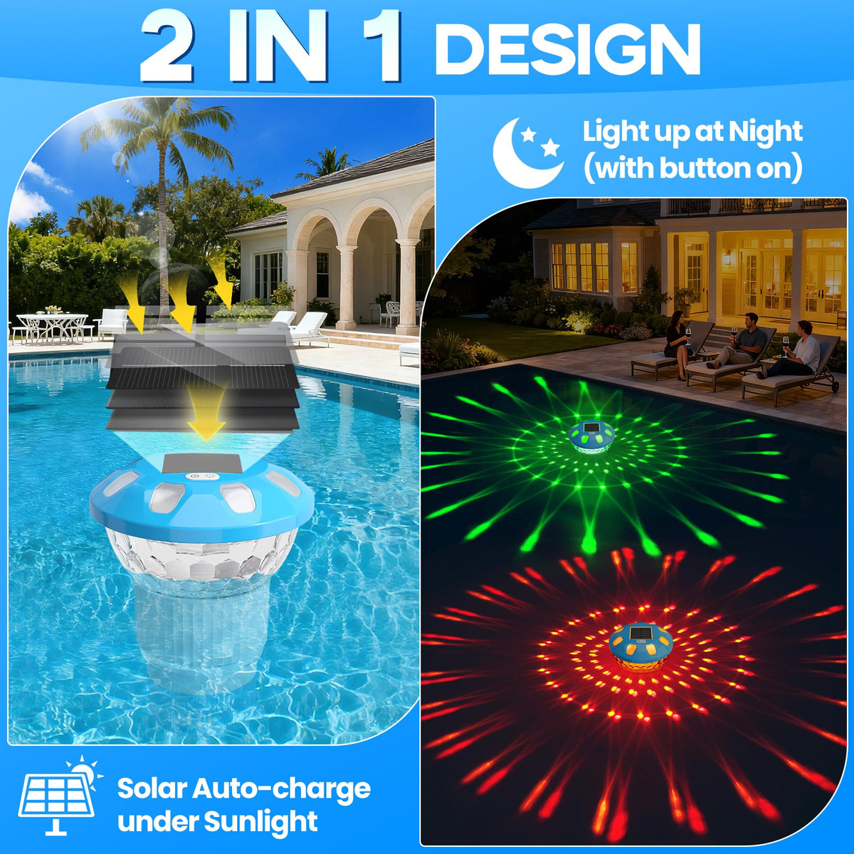 ChlorBlu RGB lighting modes create vibrant pool atmosphere for evenings and parties.