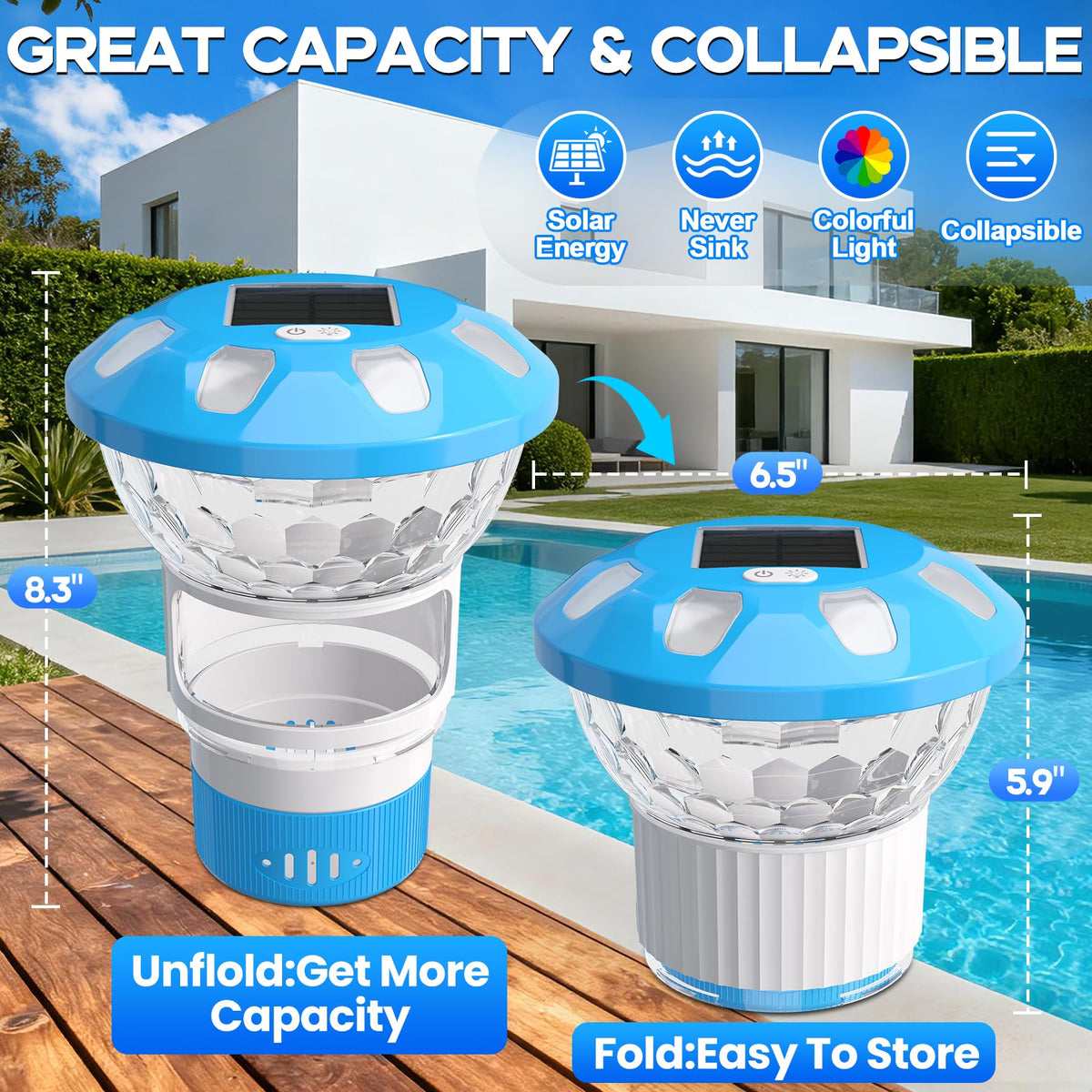 ChlorBlu solar charging lights the pool after dark with no cords.