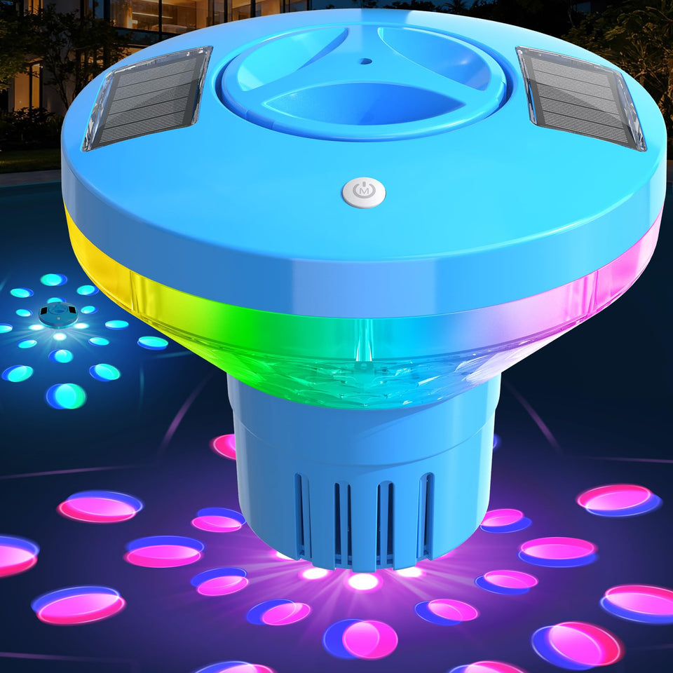 ChlorBlu solar chlorine floater with colorful lights illuminating your pool at night.