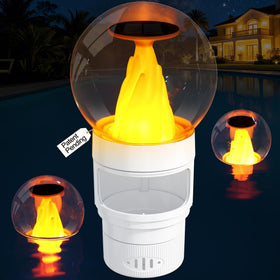 ChlorBlu solar chlorine floater with flickering flame lights enhances evening pool ambiance