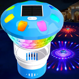 ChlorBlu solar floater with top and bottom RGB glow for striking pool ambience.