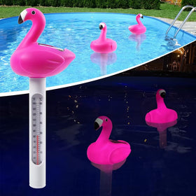 ChlorStar Flamingo floating pool thermometer with night-readable display.