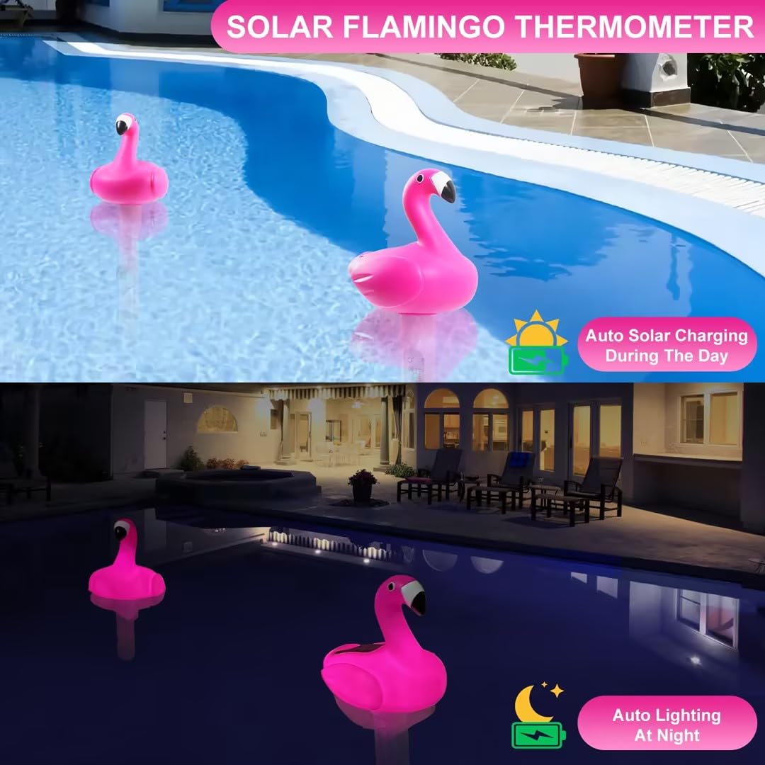 ChlorStar solar flamingo pool thermometer glows at night for clear readings.