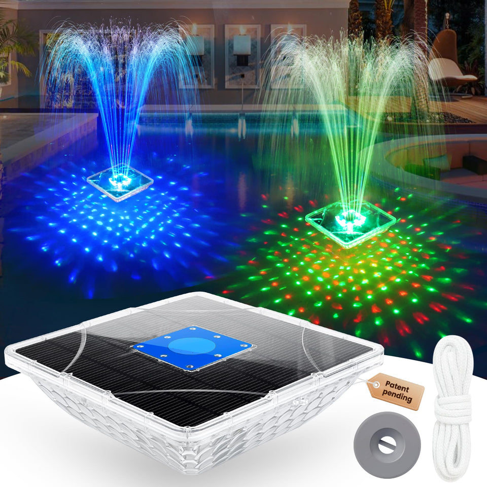 ChlorStar upgraded solar fountain with hexagon light show enhances pool ambience