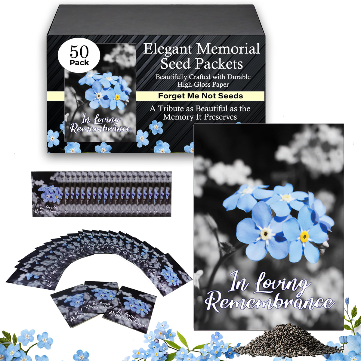 Choobly Forget-Me-Not seed packet closeup, pre-filled memorial favors for guests.