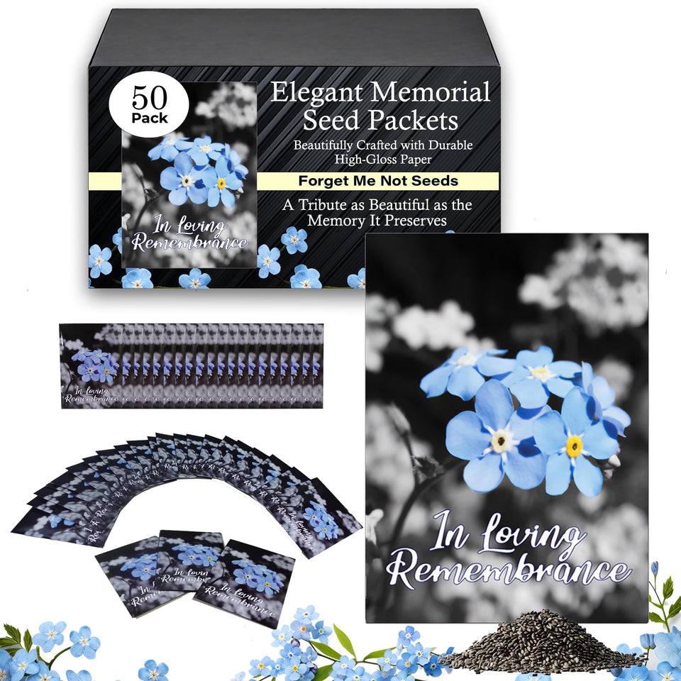 Choobly Forget-Me-Not seed packet closeup, pre-filled memorial favors for guests.