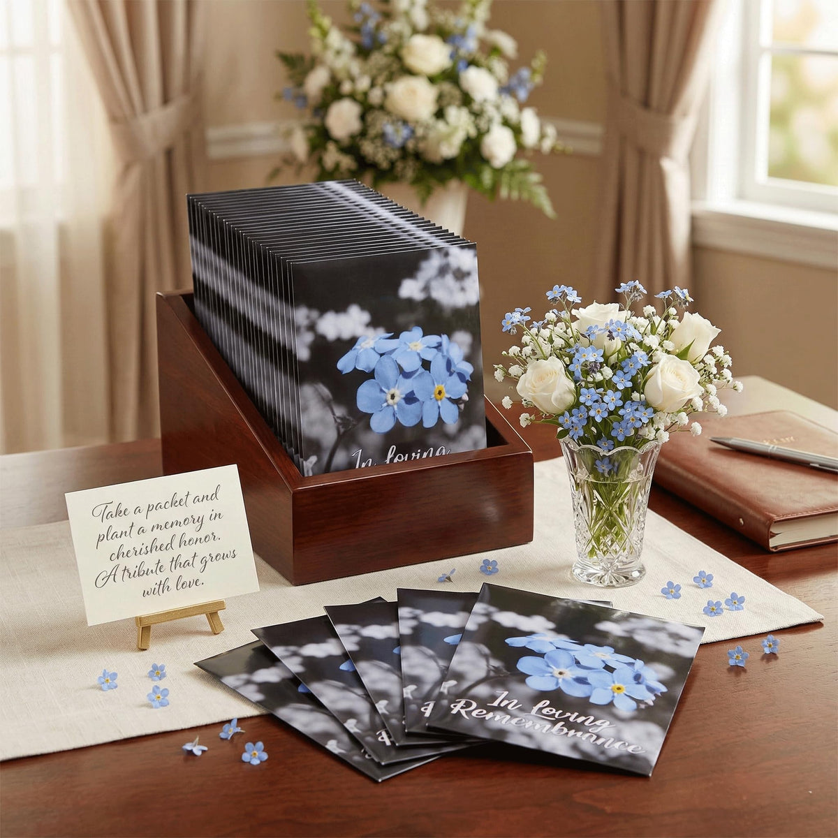 Choobly guest book table decoration with seed packets for tribute moments.