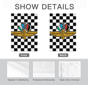 Choregon garden flag with black-white checkered pattern, weather-resistant linen for year-round use.
