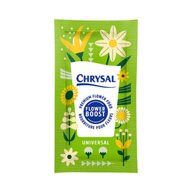 Chrysal Flower Boost clear packet closeup for longer vase life.