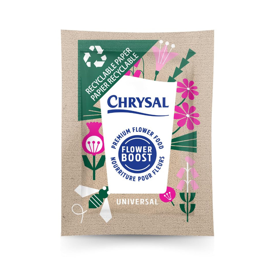 Chrysal Flower Boost recyclable packet on display extends vase life